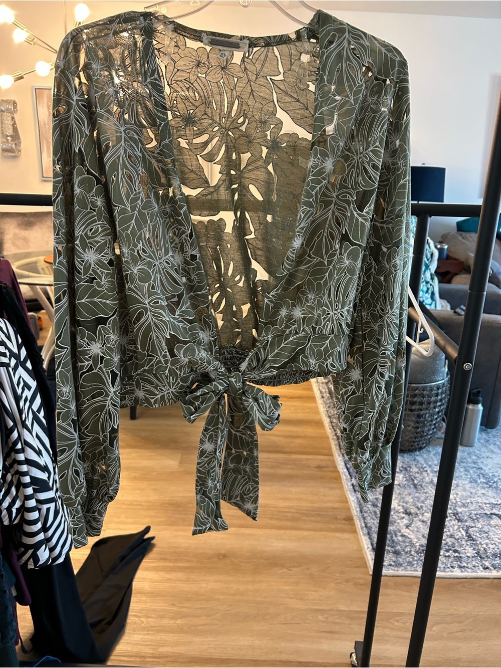 Anthropologie Olive Green Floral Tie-Front Crop Top